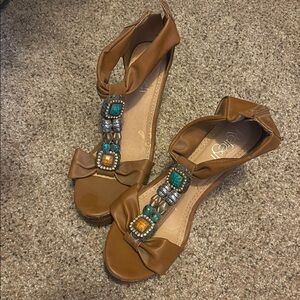 Embellished Brown Wedge Sandals with Jewel Accents